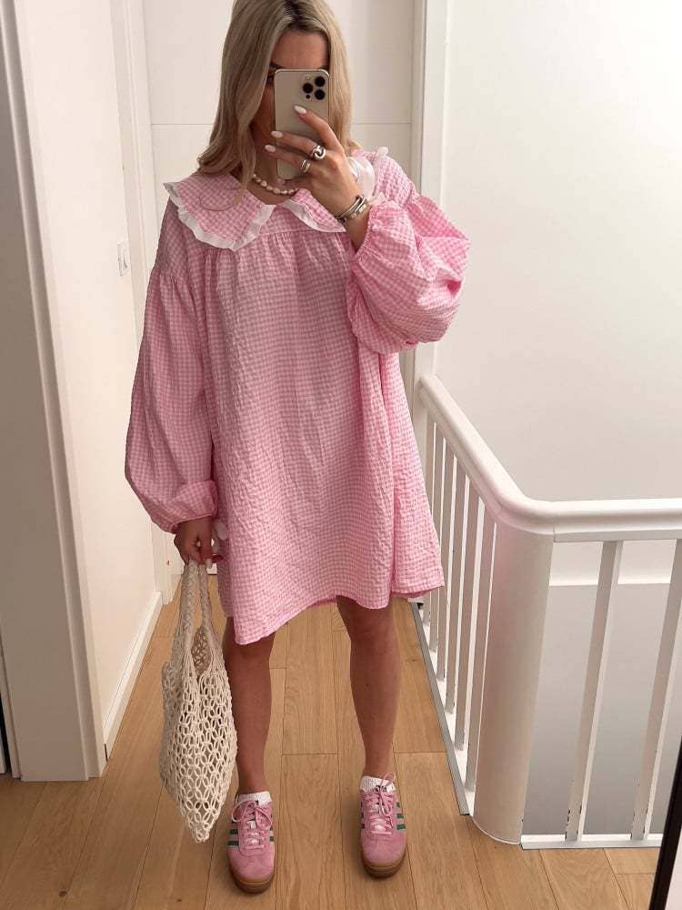 (M Dresses) Gingham OVERSIZED Collar Baby Doll Dress  (M-BJS10)