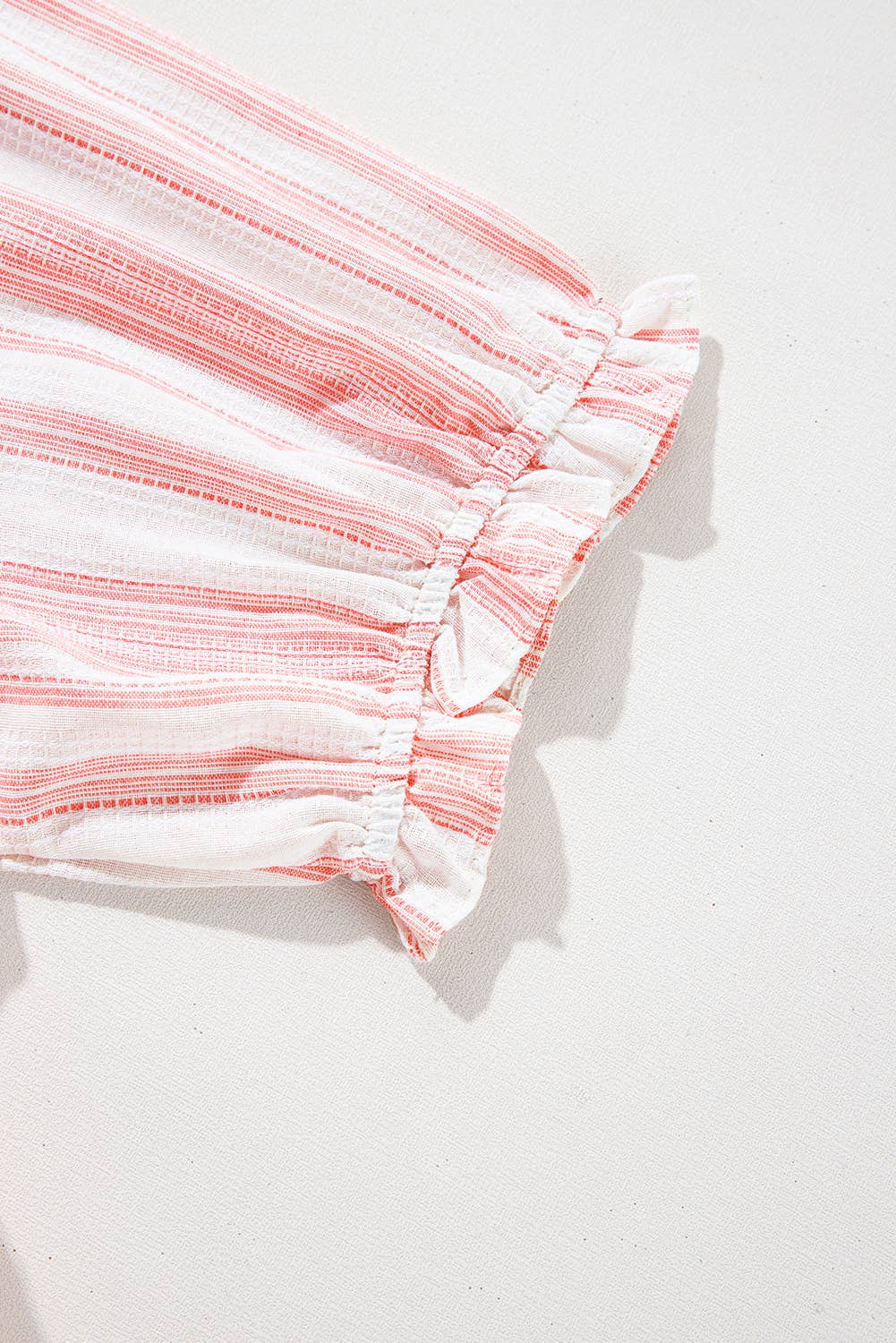 (Plus Tops) Stripe Tassel Tie Frilled Detail Short Sleeve Blouse (P-TTF11)