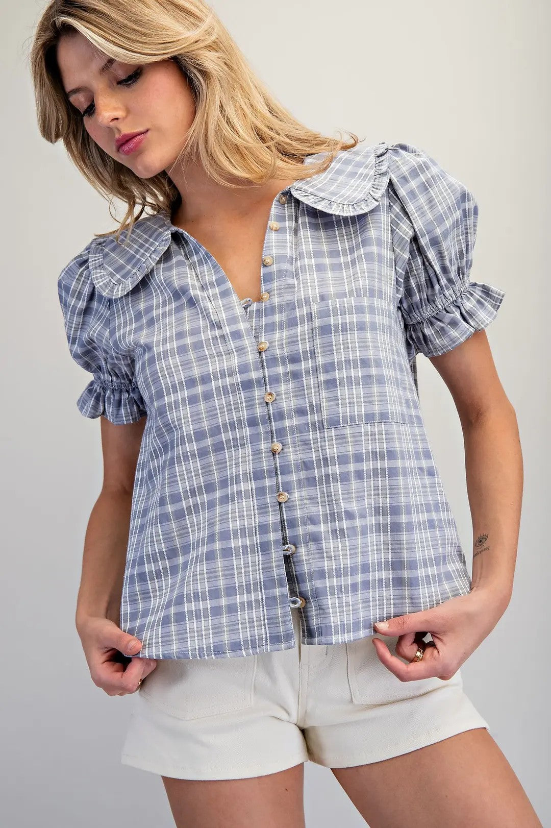 (M Tops) Plaid Puff Sleeve Button Down Blouse (M-BP13)