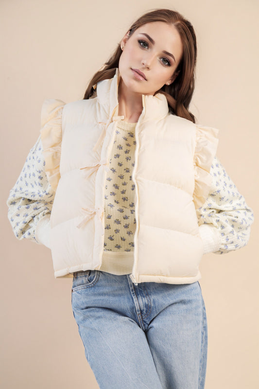 (M Vest) Front Bow Ruffle Sleeve Puffer Vest (M-CV19)