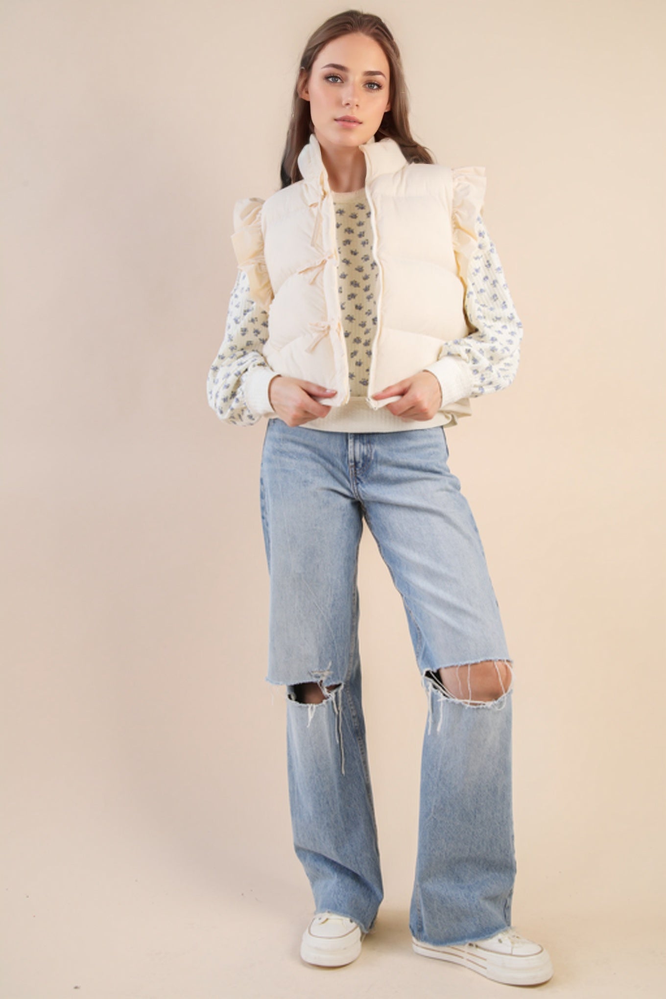 (Misses) Front Bow Ruffle Sleeve Puffer Vest #M-CV19