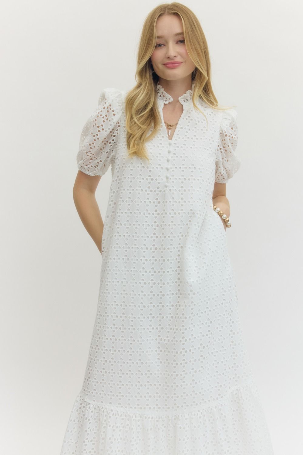 (M Dresses) Eyelet Short Puff Sleeve Dress (M-EW20)