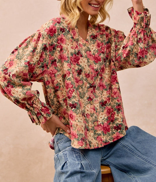 (M Cardigan) Floral Printed Corduroy Ruffled Cardigan (M-FCC24)
