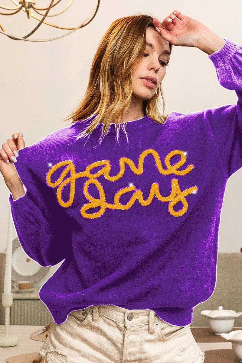 (M Sweater) - Game Day Metallic Letter Sweater (A-GDS)