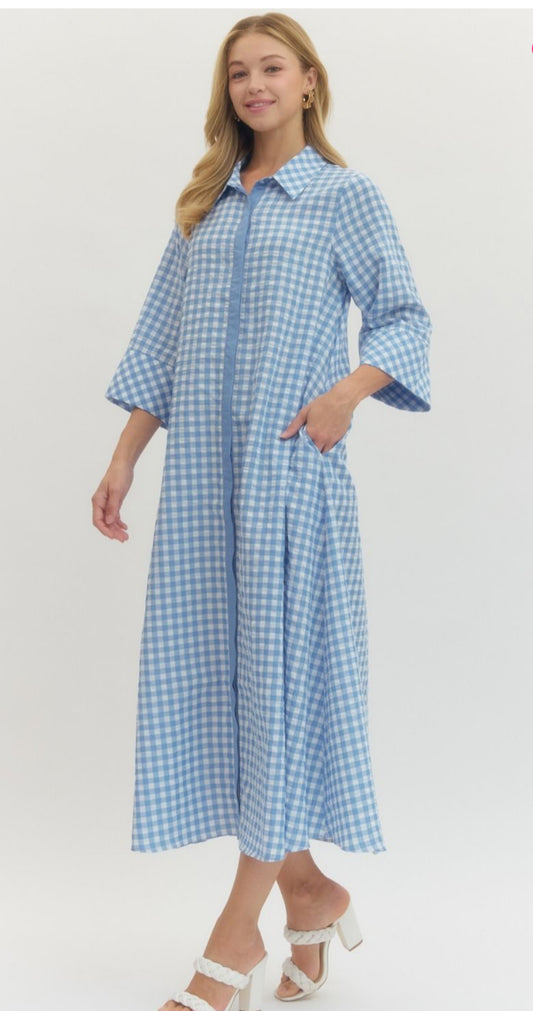 (M Dresses) Blue Gingham Midi Dress - (M-BD20)