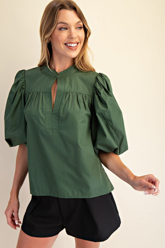 (M Tops) Mandarin Collar V-Neck Bubble Sleeve Poplin Top (M-BSP02)