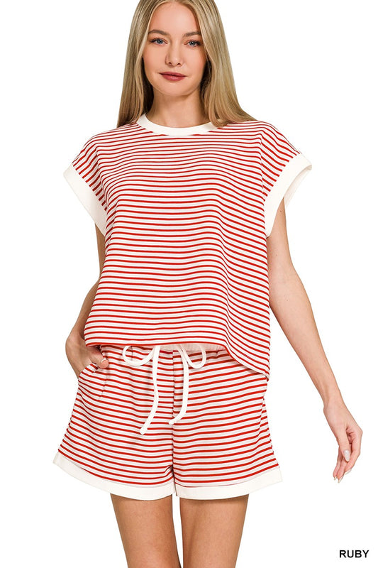 (M-Short Set) Stripe Trim Top & Short Set (M-RSS34)