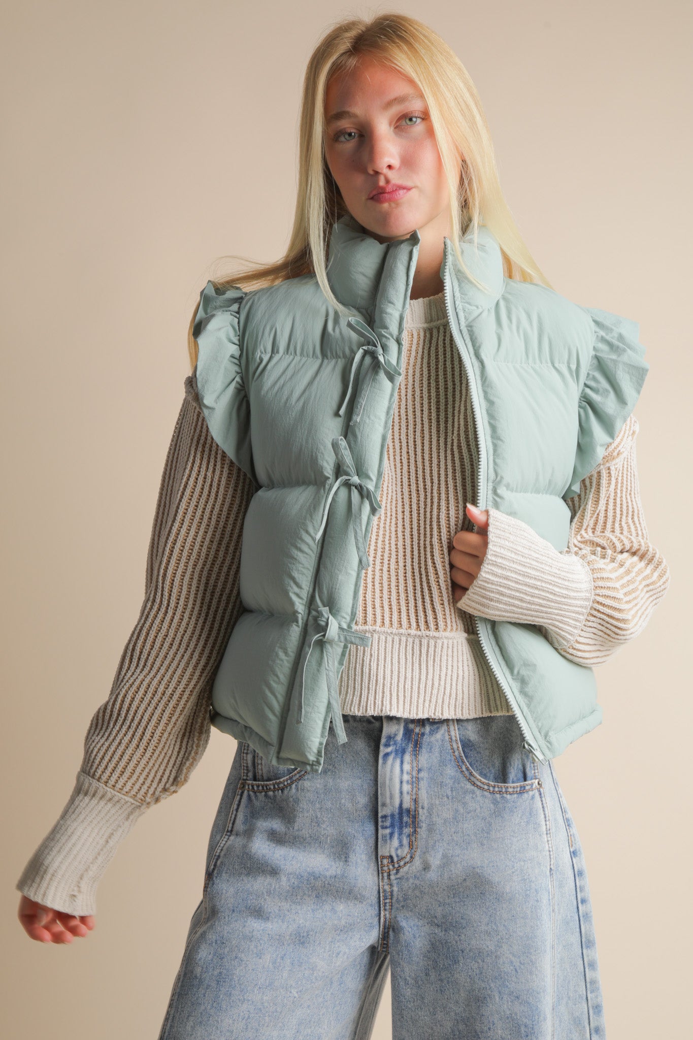 (Misses) Front Bow Ruffle Sleeve Puffer Vest #M-SV19