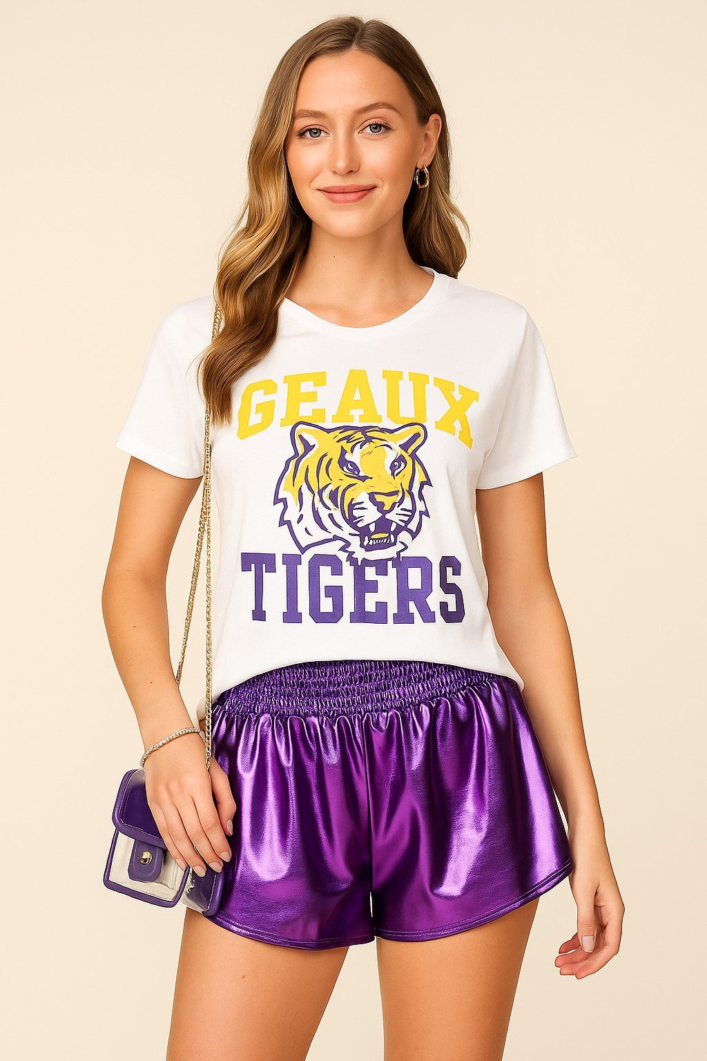 (MISSES) - Metallic Smocked High Waist Shorts #M-MS23