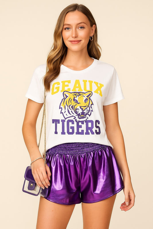 (MISSES) - Metallic Smocked High Waist Shorts #M-MS23