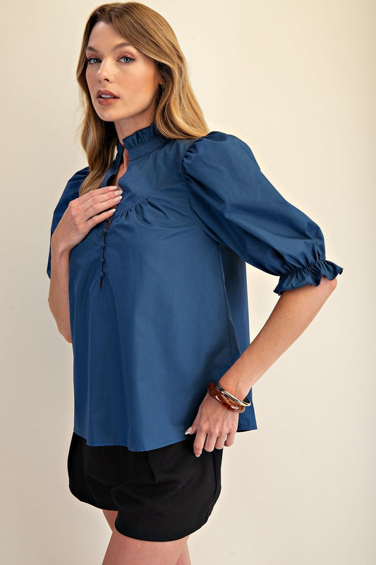 (M Tops) Round Neck Front Button Short Sleeve Blue Teal (M-BSS2)