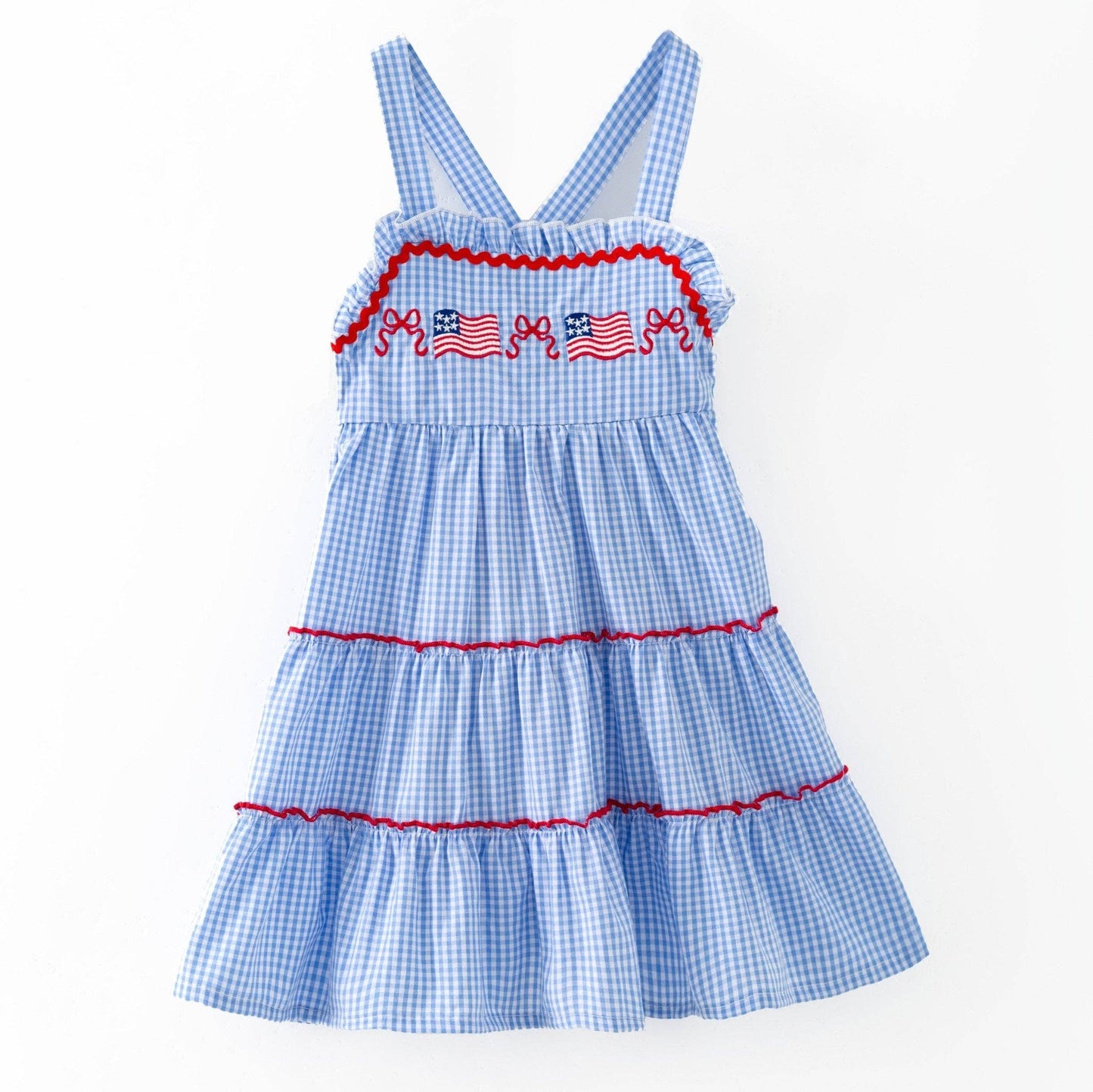 (Girls) Blue Gingham American Flag Tiered Dress (K-FD43)