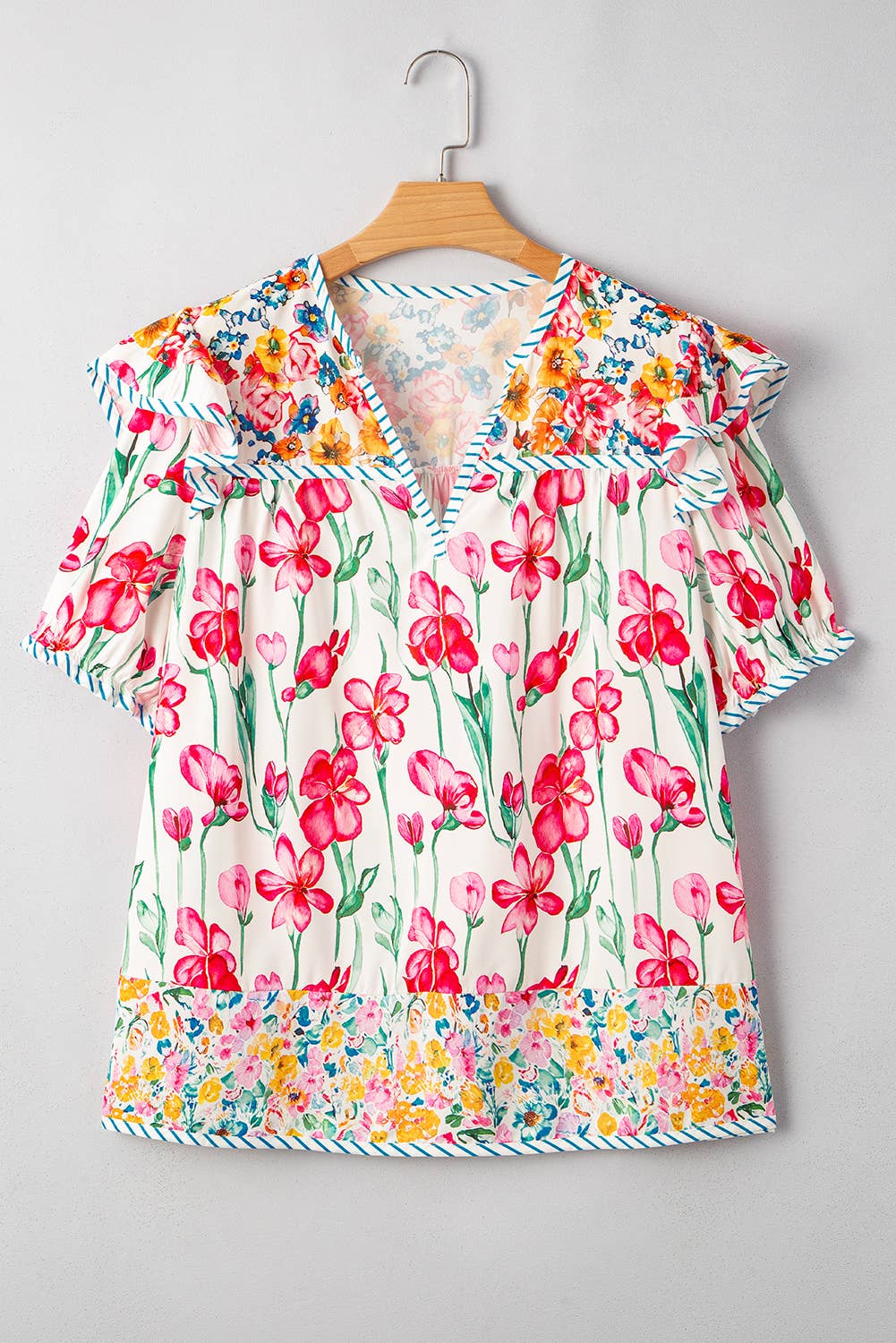 FINAL SALE -  Floral Print Striped Trim V Neck Blouse (P-FVN11)