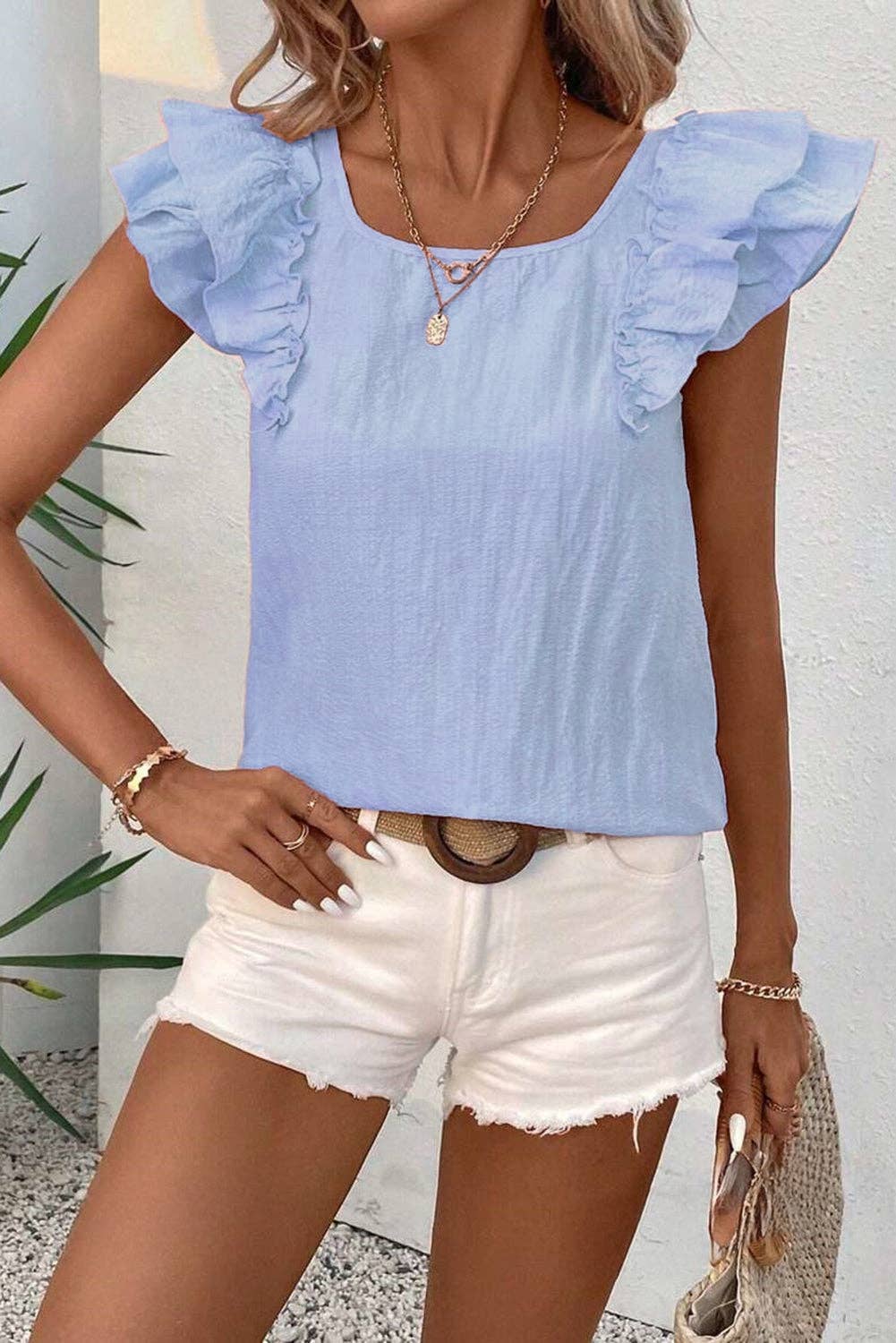 (M Tops) Bow Butterfly Sleeve Textured Summer Blouse  (M-BBSB01)