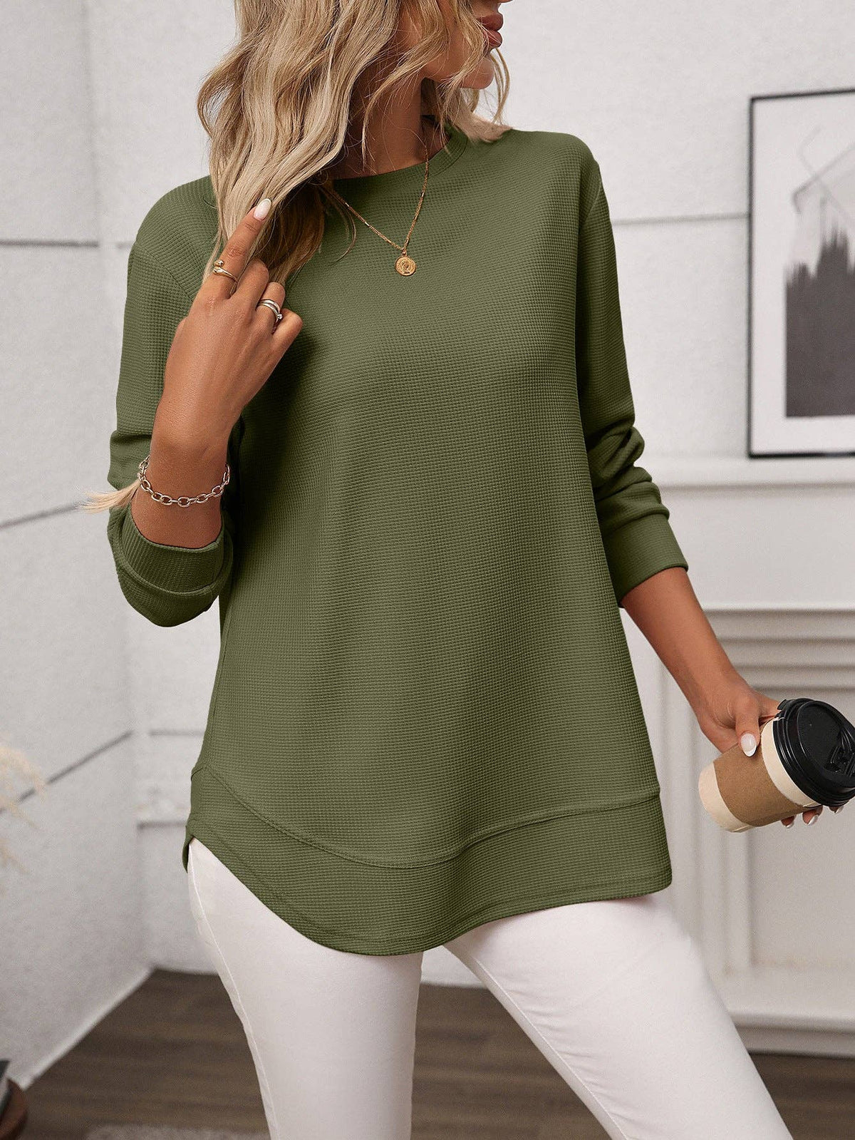 (M Tops) Waffle Knit Long Sleeve Top (M-WG7)