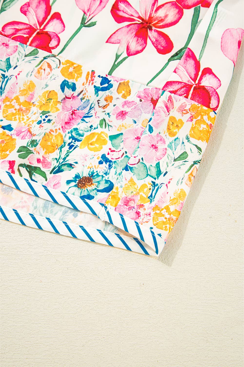 FINAL SALE -  Floral Print Striped Trim V Neck Blouse (P-FVN11)