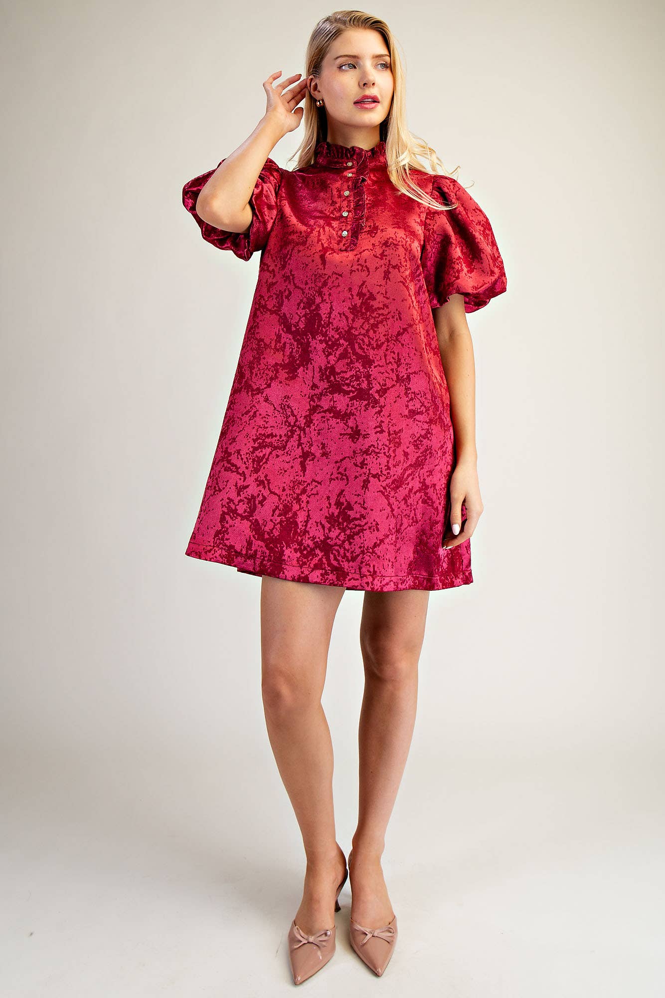 (M Dresses) Ruffle Neck Puff Sleeve Mini Dress (Silver & Burgundy) (M-RMD2)