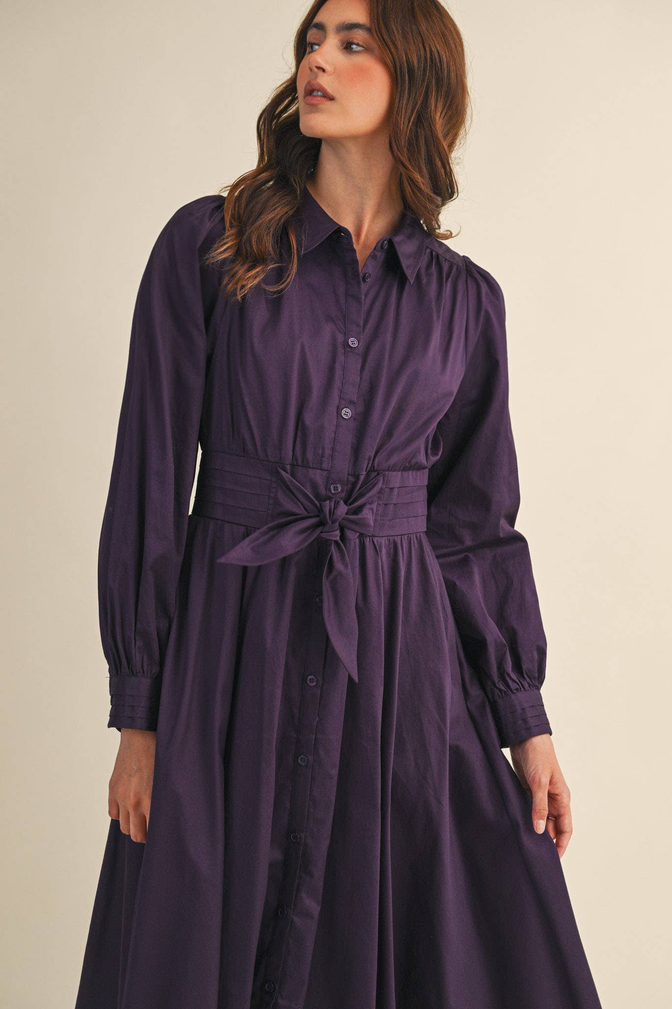 (M Dresses) PINTUCK WAIST TIE FRONT MIDI DRESS (M-PD21)