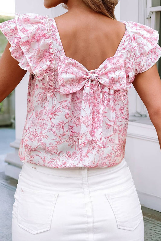 (M Tops) LDC Floral Ruffled Short Sleeve Square Neck Bow Back Blouse (M-FSNBO4)