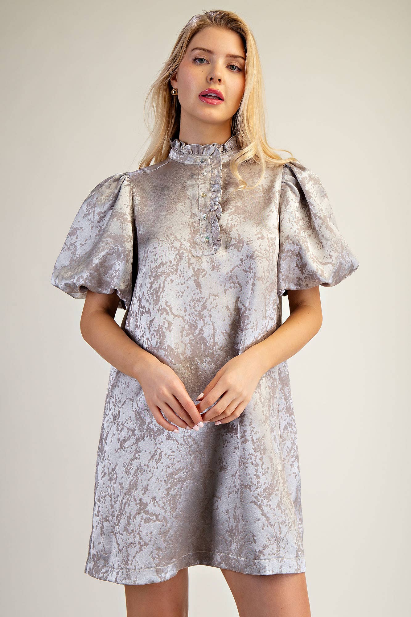 (M Dresses) Ruffle Neck Puff Sleeve Mini Dress (Silver & Burgundy) (M-RMD2)