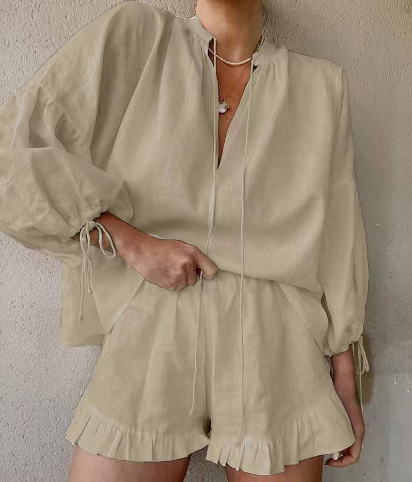 (M Short Set)  V-NECK LANTERN SLEEVE SHORTS SET (M-VNS08)