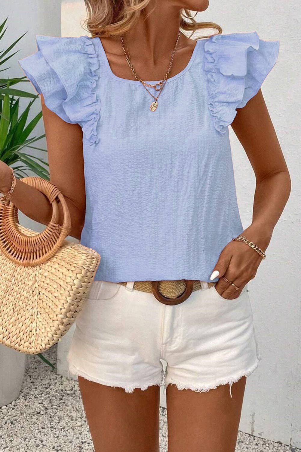 (M Tops) Bow Butterfly Sleeve Textured Summer Blouse  (M-BBSB01)