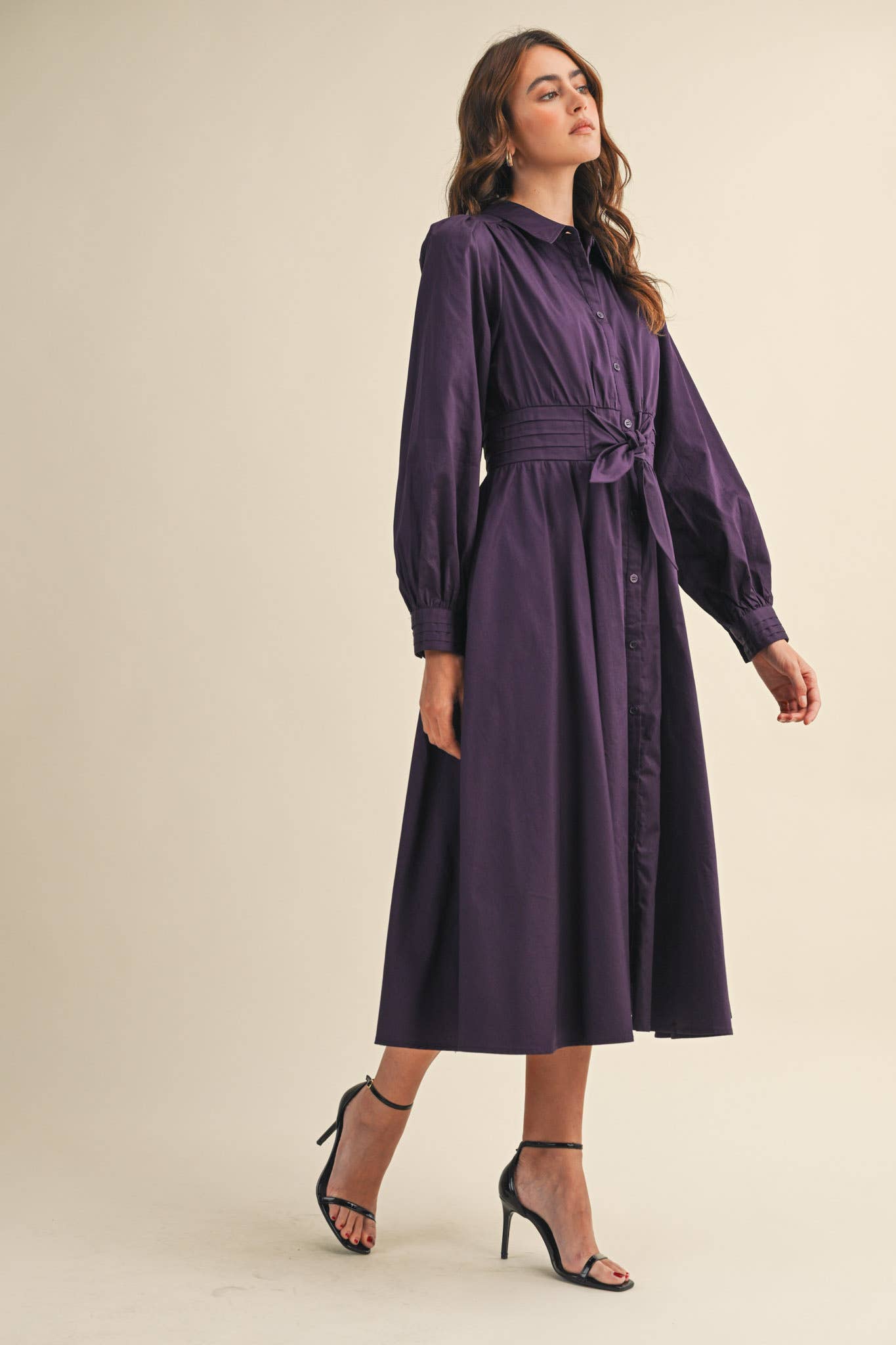 (M Dresses) PINTUCK WAIST TIE FRONT MIDI DRESS (M-PD21)