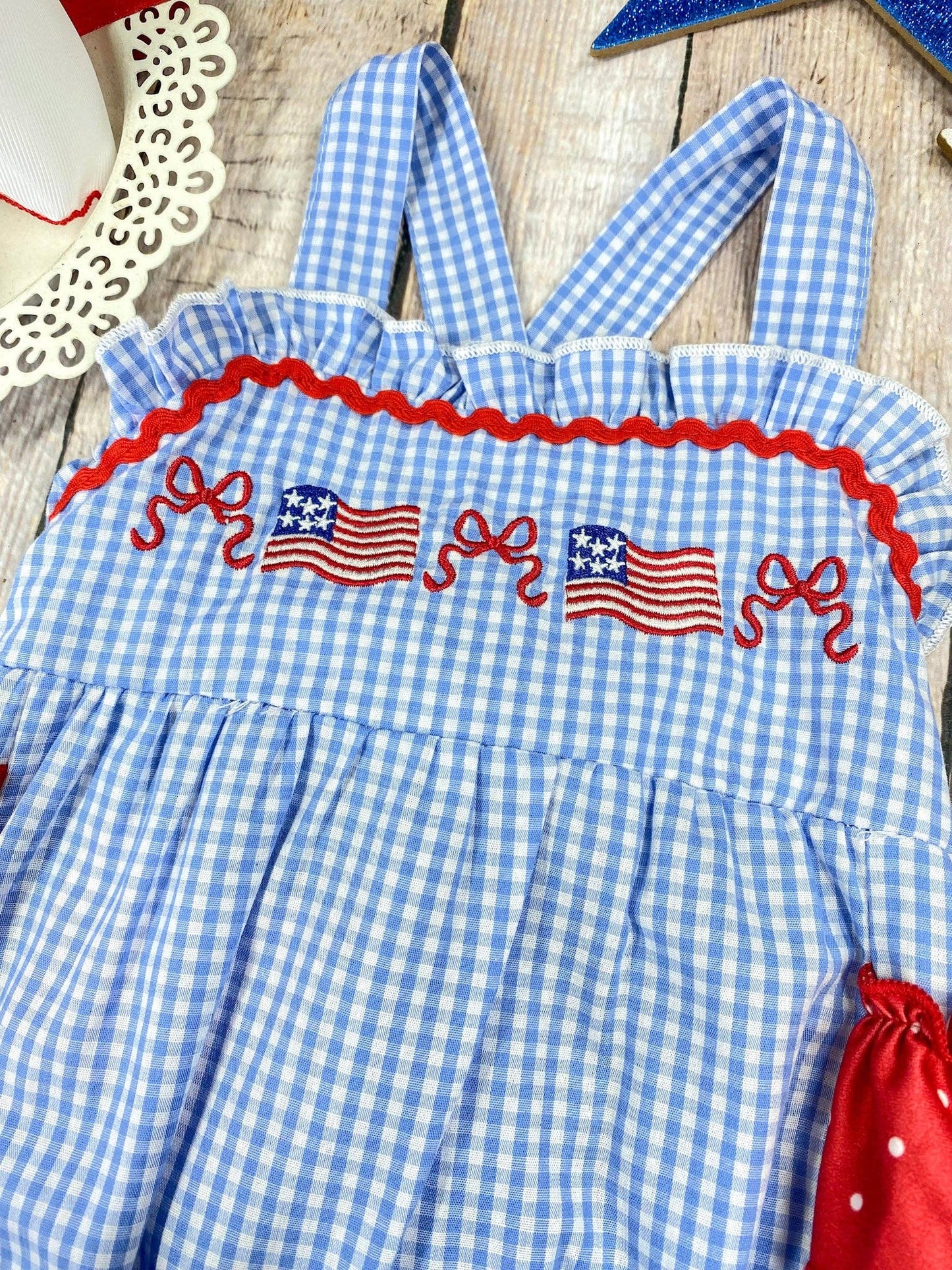 (Girls) Blue Gingham American Flag Bubble Romper (FR43)