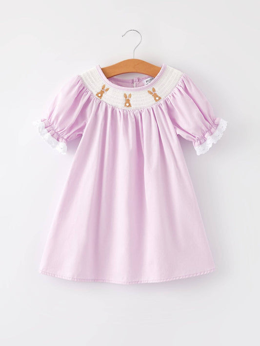 (Toddlers) Girls Easter Bunny Smocking Embroidered Lace Cuff Purple Dress - (K-ED16)