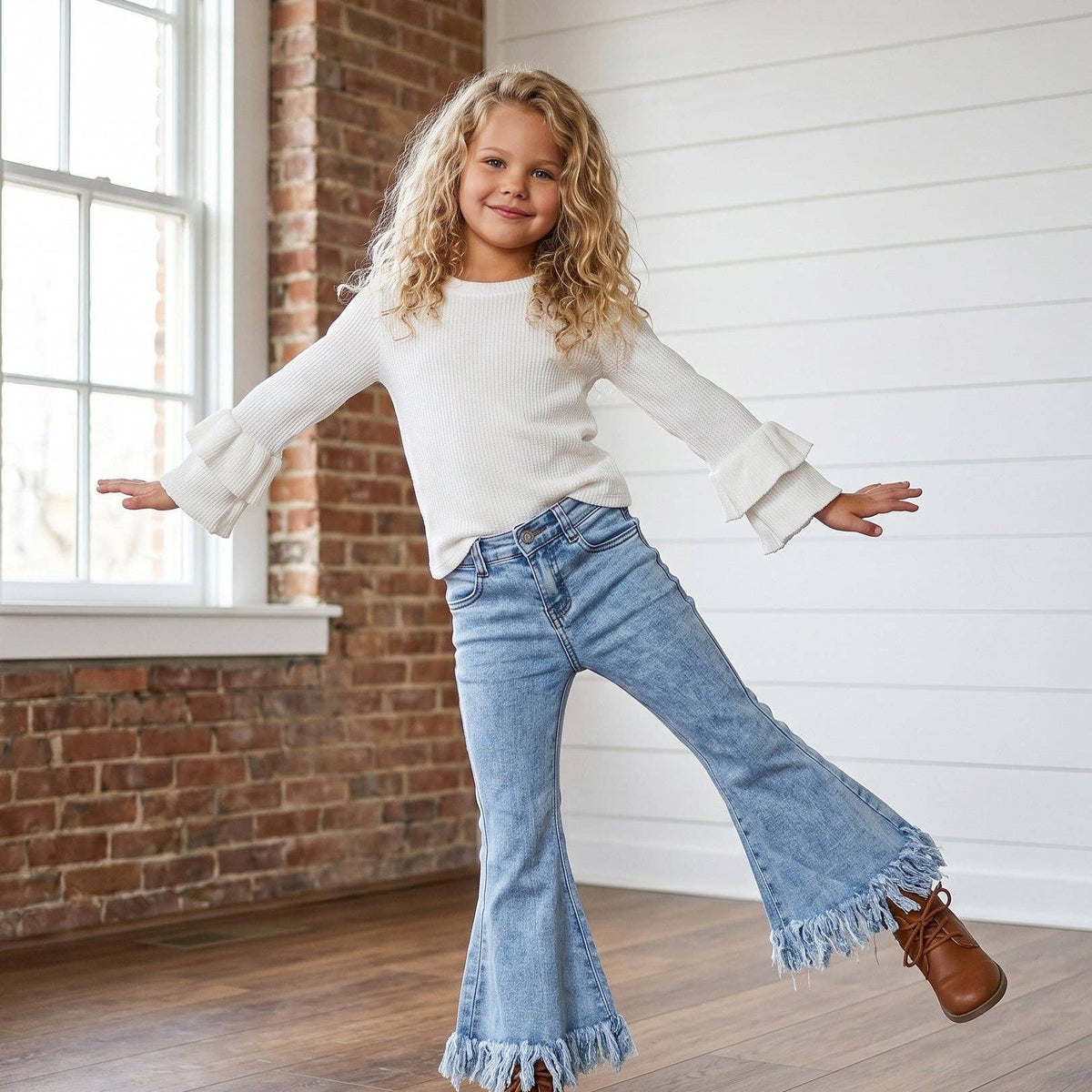 (Girls) Light Wash Flare Fringe Denim Jeans (G-FJ49)