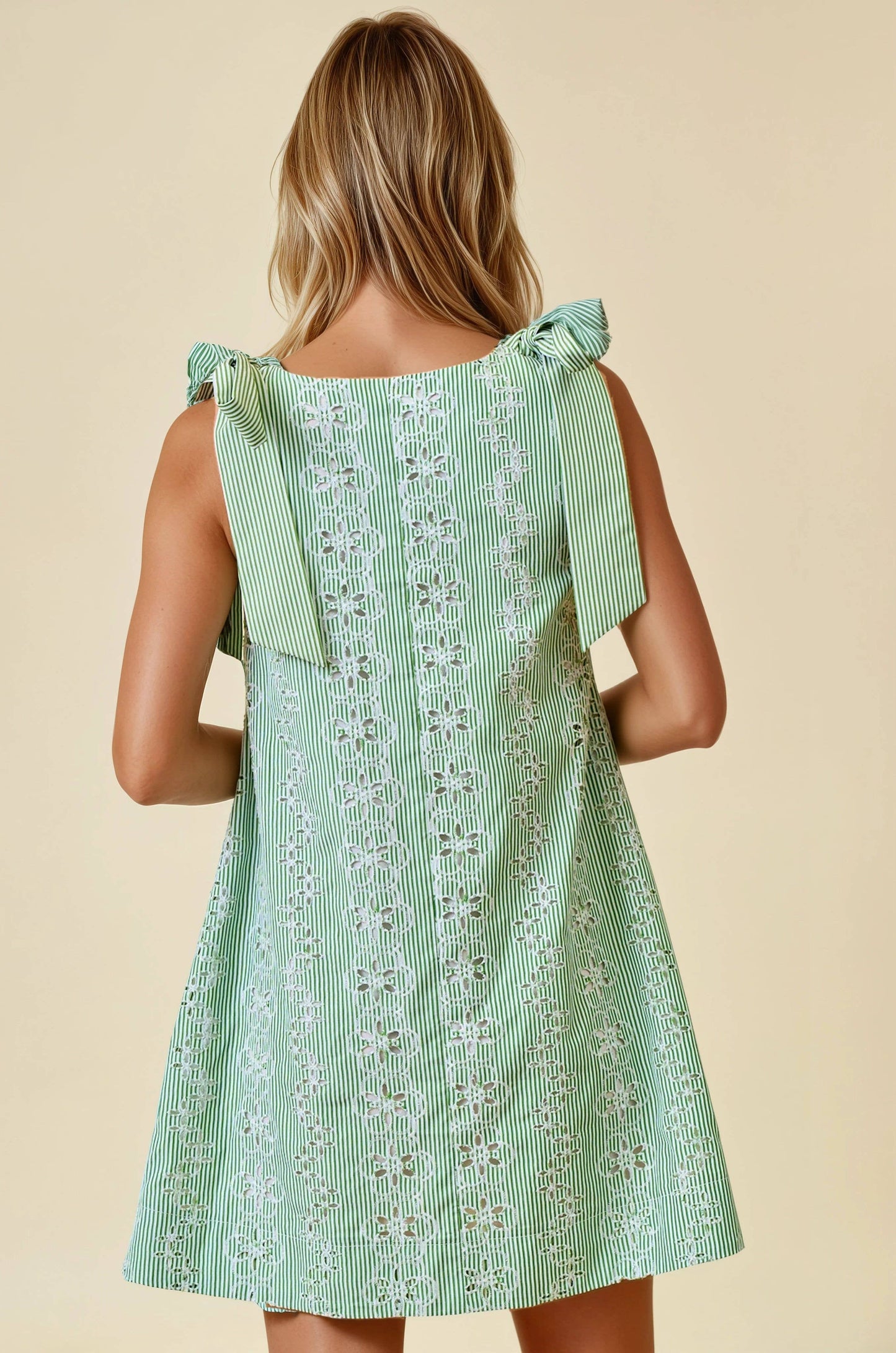 (M Dresses) Striped Eyelet Tie Shoulder Mini Dress (M-ED41)