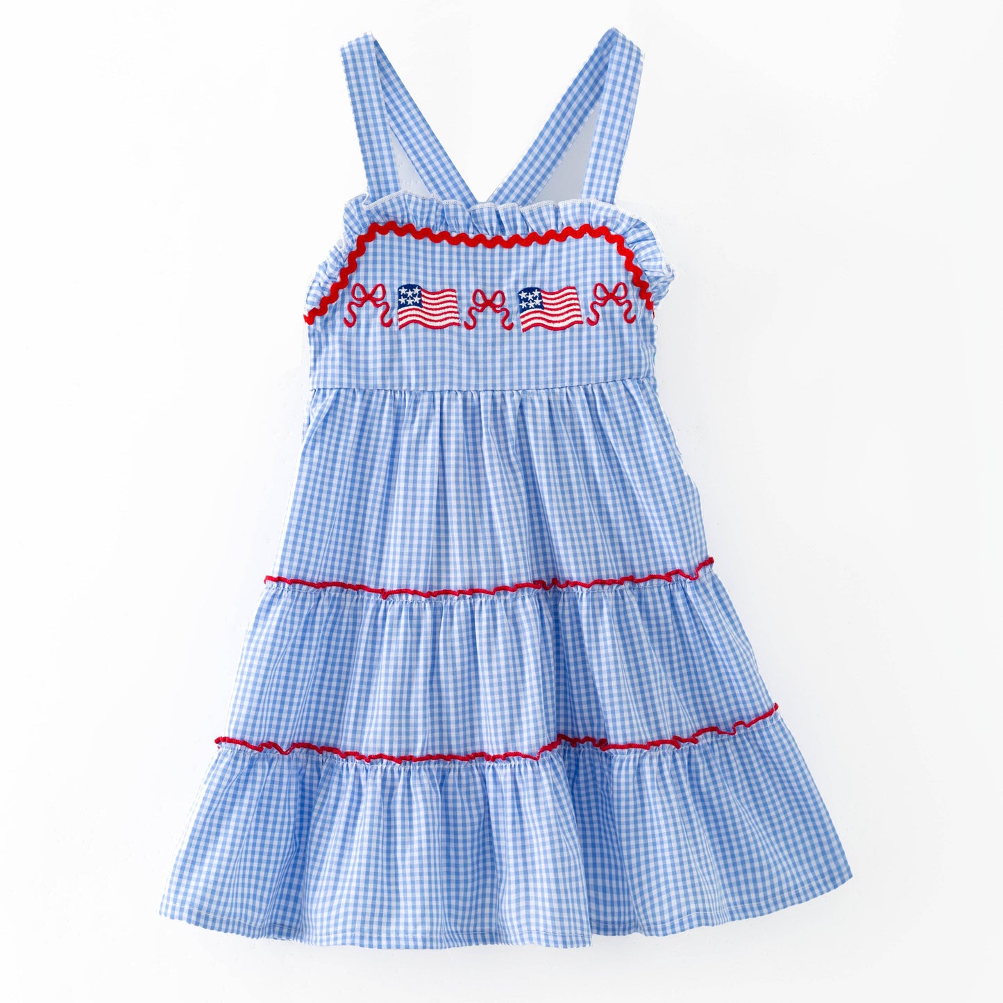 (Girls) Blue Gingham American Flag Tiered Dress (K-FD43)
