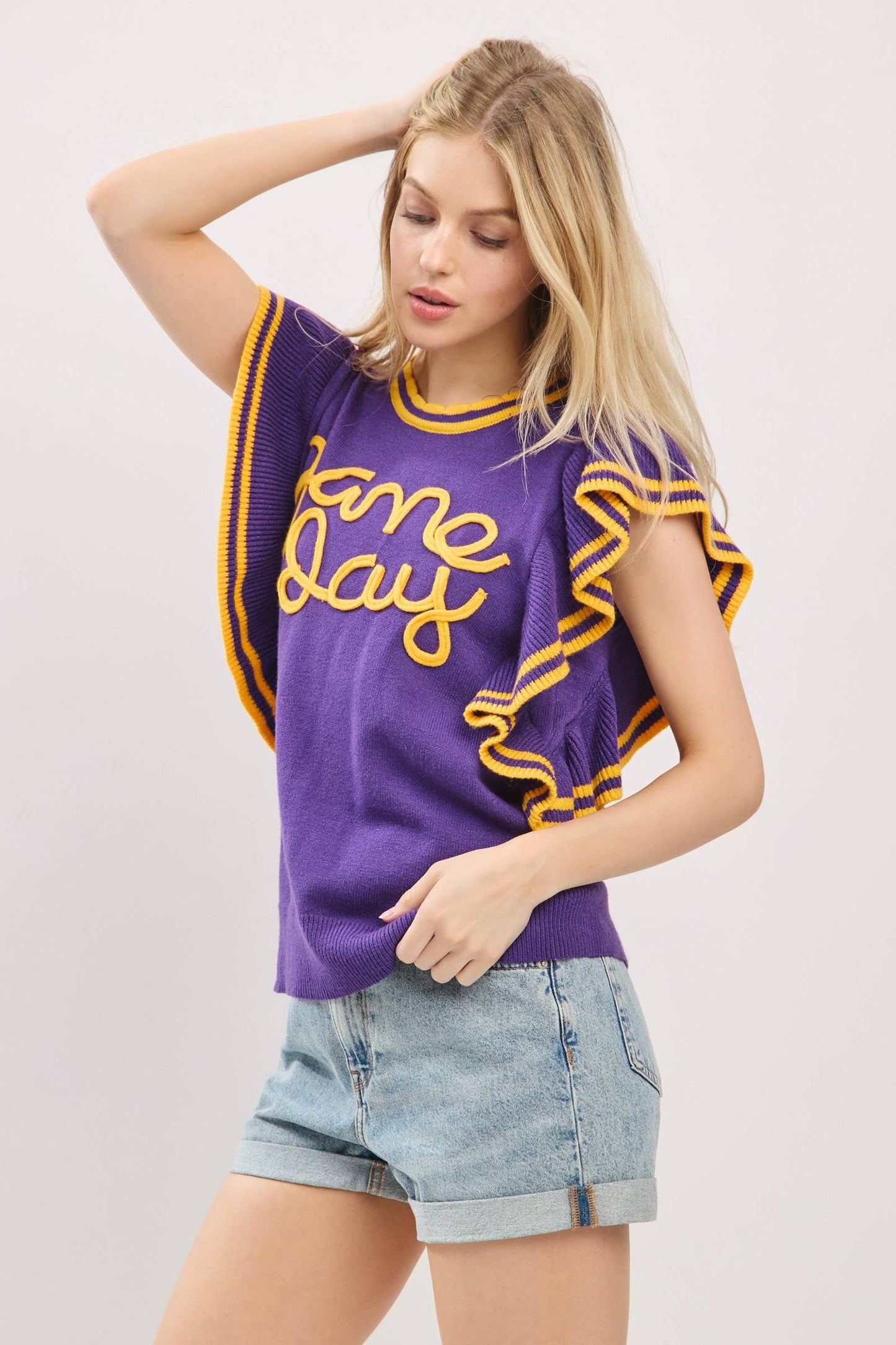 (Game Day) Ruffle Sleeve Varsity Gameday Knit Top (M-LSUS)