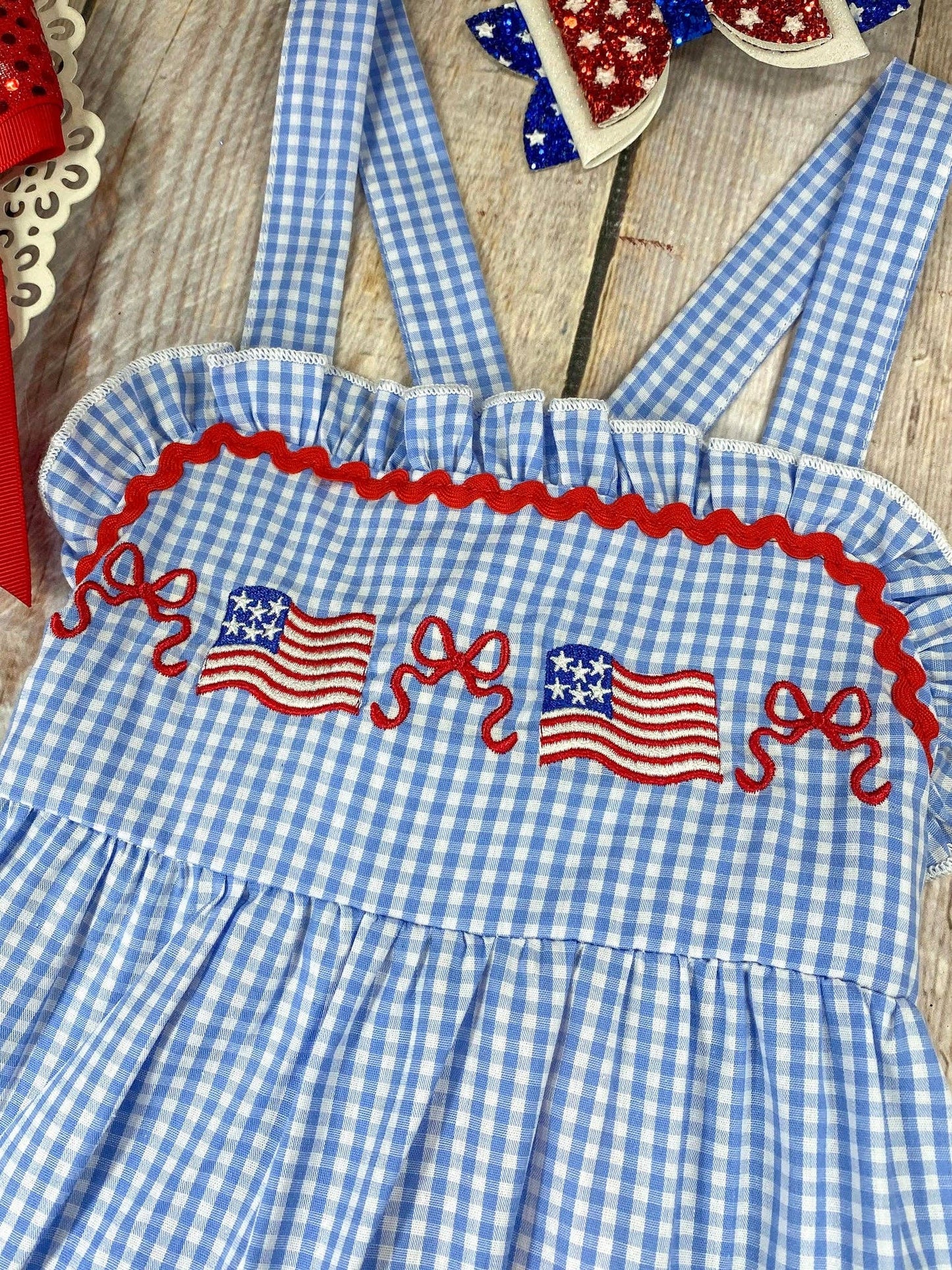 (Girls) Blue Gingham American Flag Tiered Dress (K-FD43)