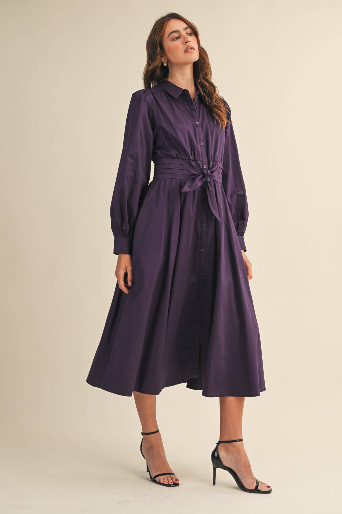 (M Dresses) PINTUCK WAIST TIE FRONT MIDI DRESS (M-PD21)