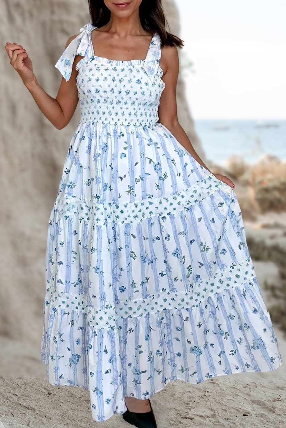 (M Dresses)  Floral Smocked A-Lined Tied Straps Maxi Dress (M-FMD09)