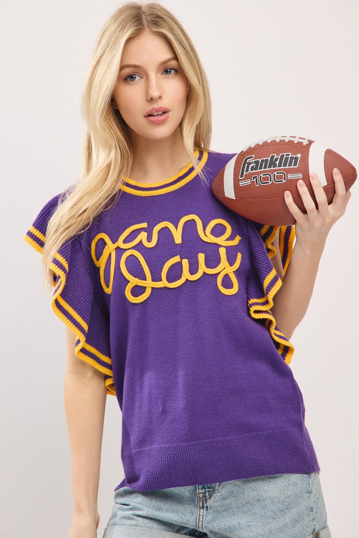 (Game Day) Ruffle Sleeve Varsity Gameday Knit Top (M-LSUS)