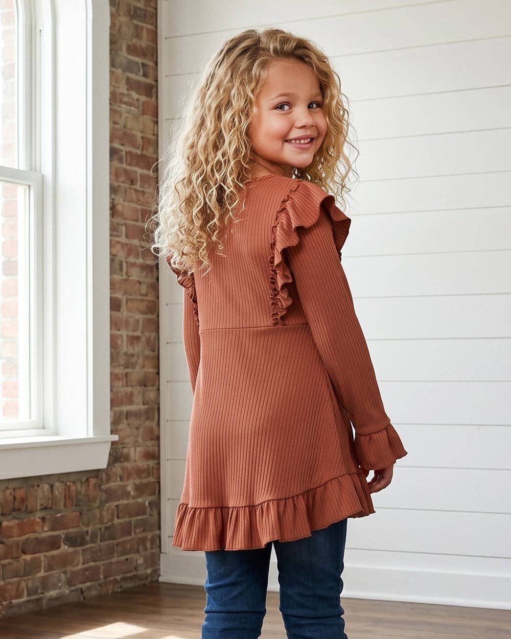 (Girls) Brown Toffee Ribbed Long Sleeve Button Ruffle Shirt