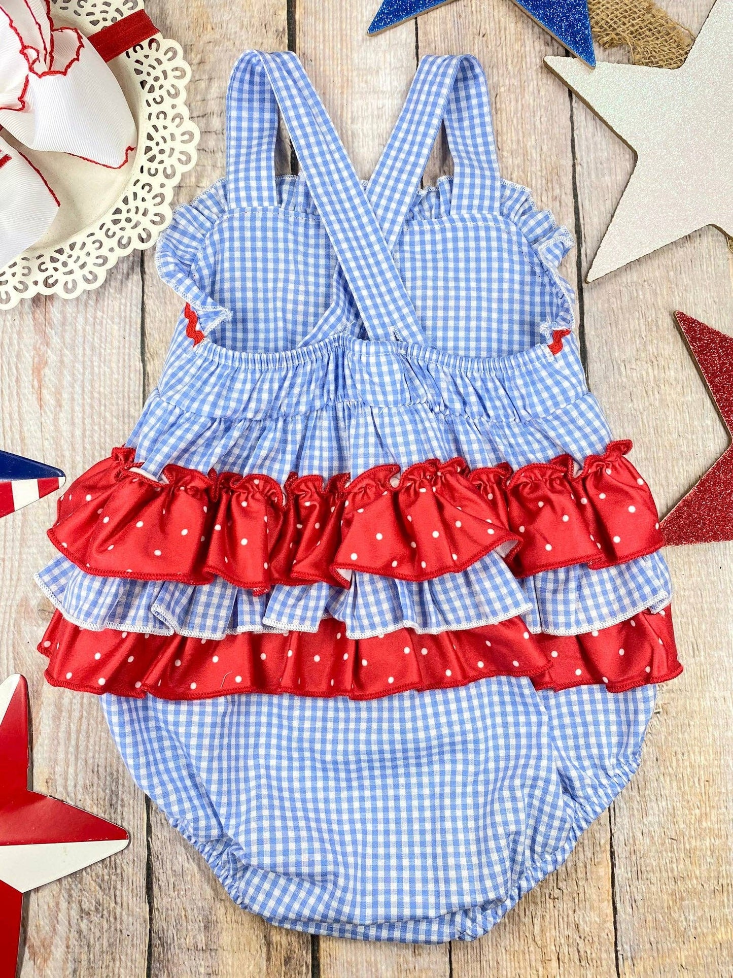 (Girls) Blue Gingham American Flag Bubble Romper (FR43)