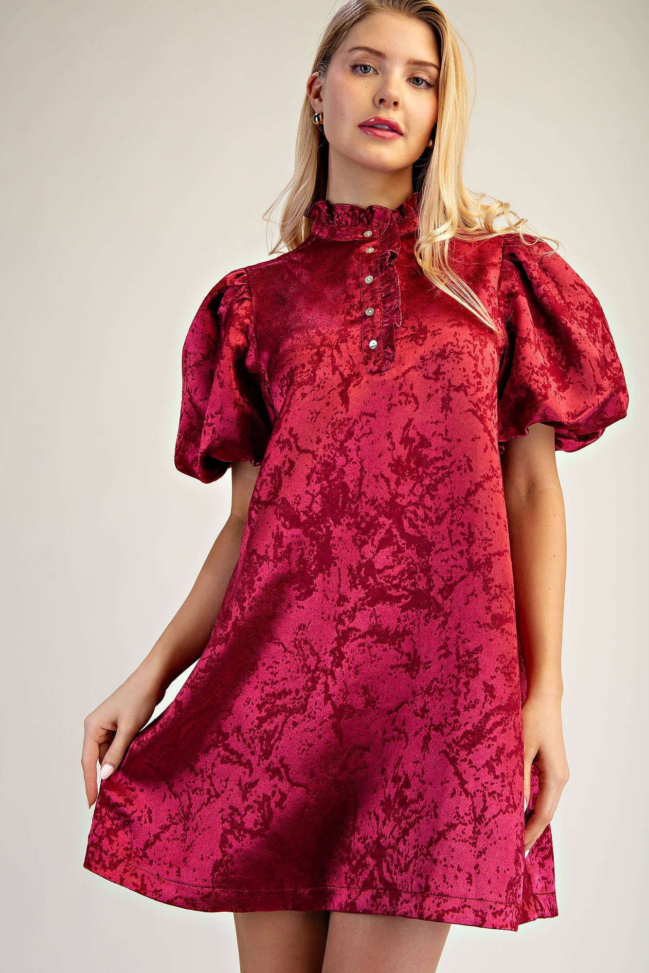 (M Dresses) Ruffle Neck Puff Sleeve Mini Dress (Silver & Burgundy) (M-RMD2)