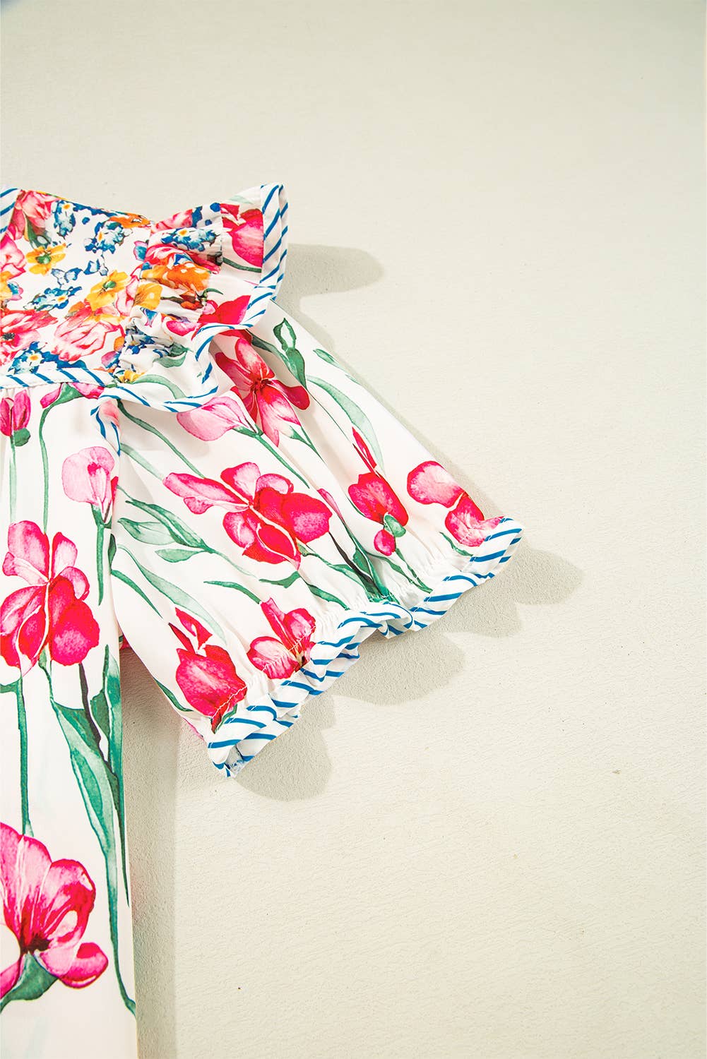 FINAL SALE -  Floral Print Striped Trim V Neck Blouse (P-FVN11)