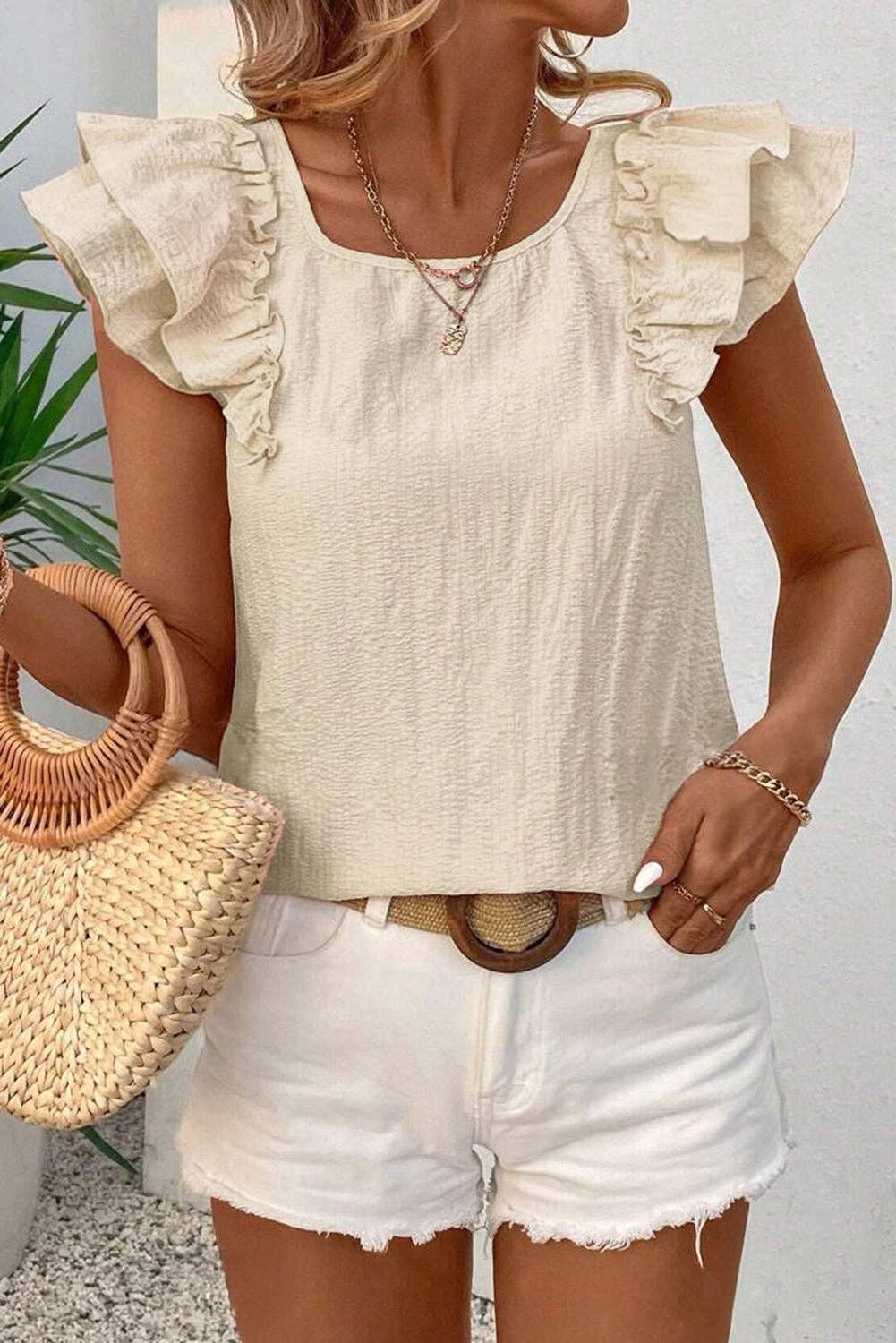 (M Tops) Bow Butterfly Sleeve Textured Summer Blouse  (M-BBSB01)