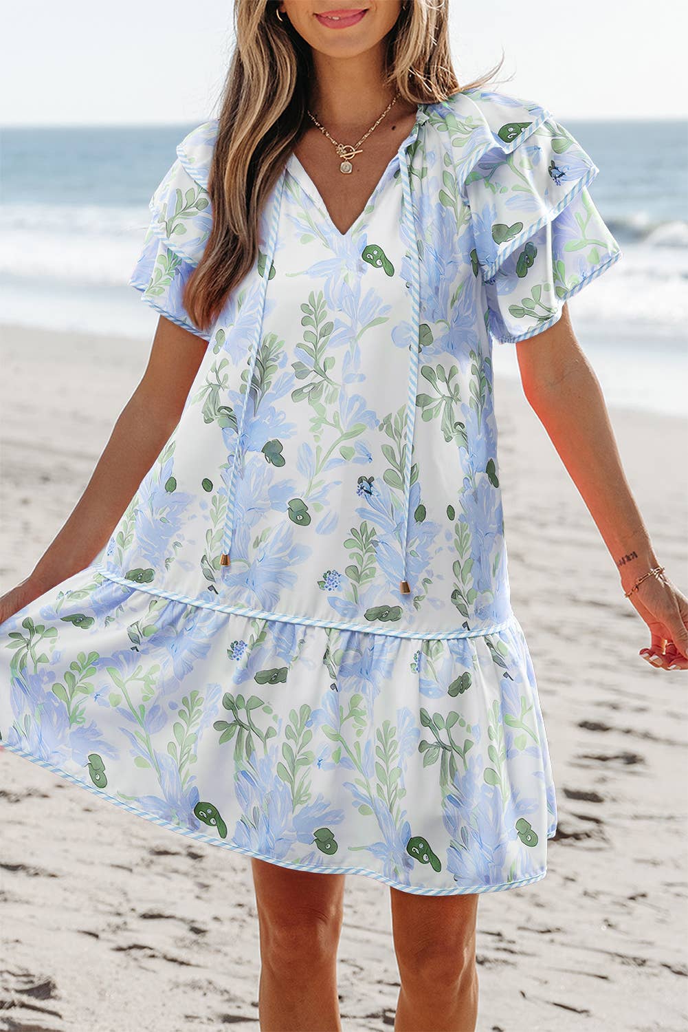 (M Dresses)  Floral Contrast Edge Layered Tied Neck Mini Dress