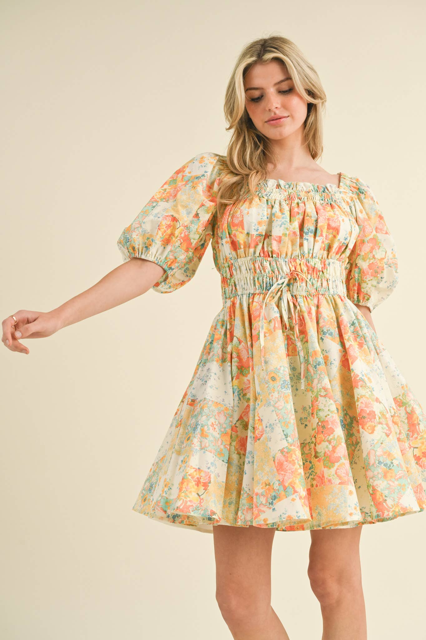(M Dresses) Exclusive Print Floral Puff Sleeve Mini Dress (M-CD21)