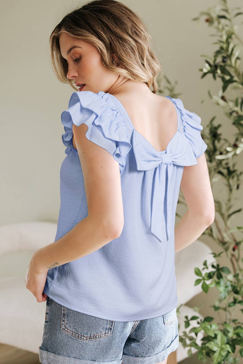 (M Tops) Textured Bow Knot Frilled Butterfly Sleeve Blouse