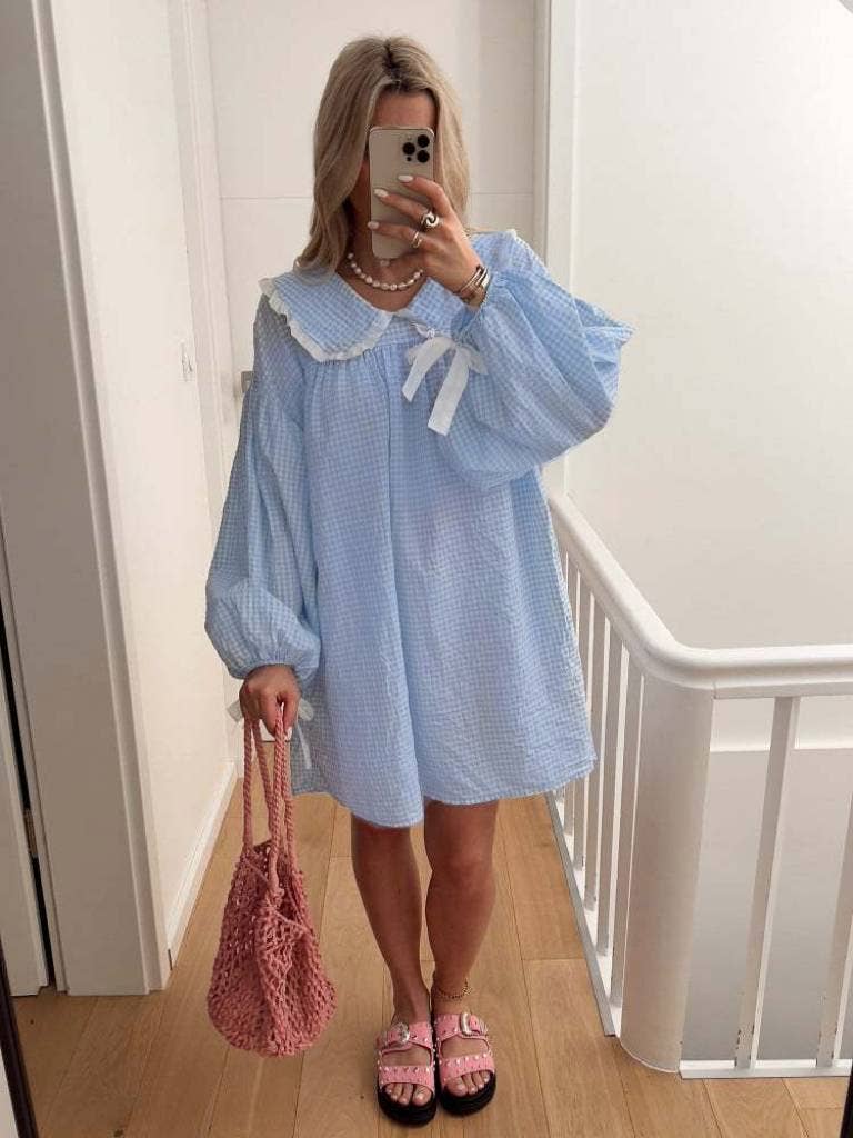 (M Dresses) Gingham OVERSIZED Collar Baby Doll Dress  (M-BJS10)