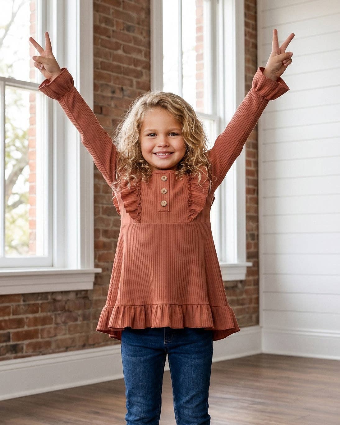 (Girls) Brown Toffee Ribbed Long Sleeve Button Ruffle Shirt