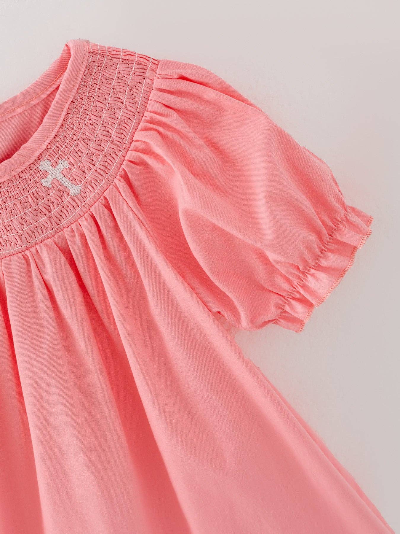 (Toddlers) Pink Smocking Embroidered Crucifix Girls Dress - (K-PED16)