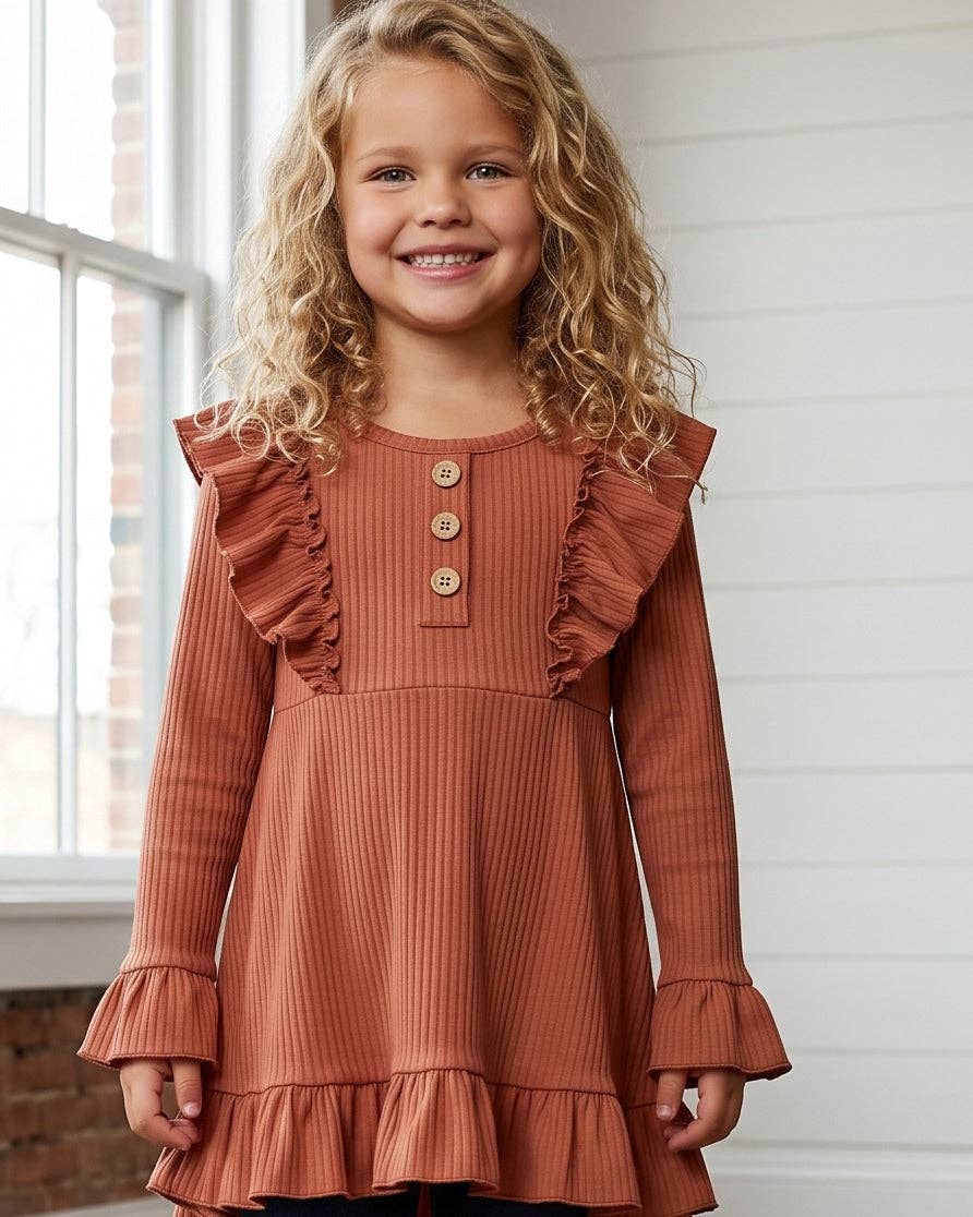 (Girls) Brown Toffee Ribbed Long Sleeve Button Ruffle Shirt