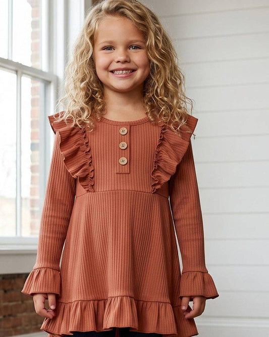 (Girls) Brown Toffee Ribbed Long Sleeve Button Ruffle Shirt